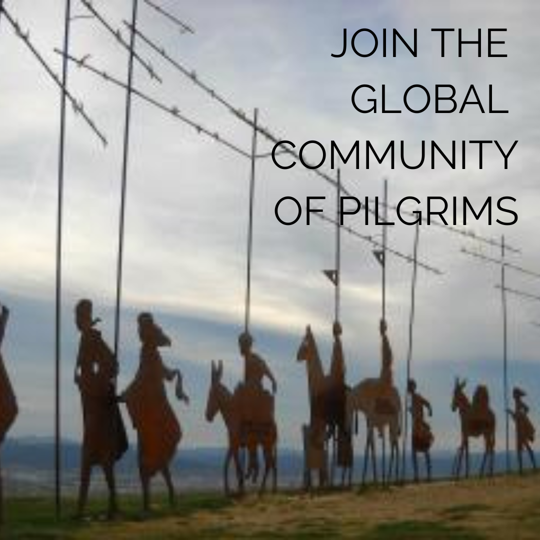 photo of the metal installation of pilgrims at the Alto del Perdon on the Camino Frances route of the Camino de Santiago, with the words "Join the global community of pilgrims"